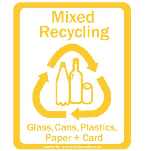 Recycling labels - 25 x 31 cm Yellow Mixed Recycling Glass, Cans, Plastics, Paper and Card
