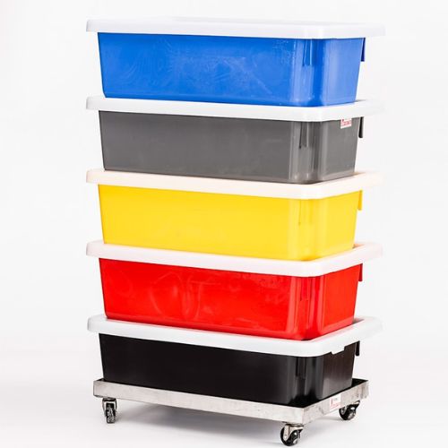 Stack and Nest Bins stacked on dolly